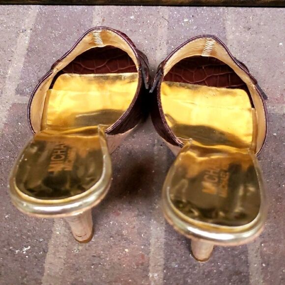 Michael Kors Camden Mule Brown Open Toe Croc Inspired Leather Heels Size 9 EUC - Picture 12 of 14